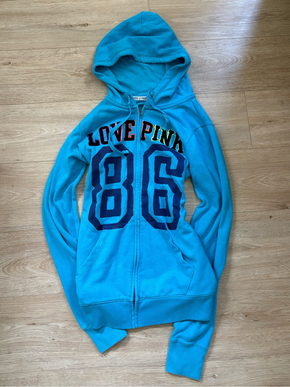 Vintage 2010 Victoria’s Secret PINK Teal Bkue Varsity Zip Up Hoodie Size L